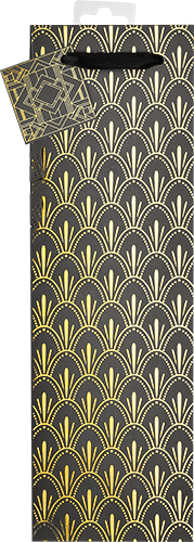 front view of a single bottle wine gift bag with a gold art deco print on a black bag