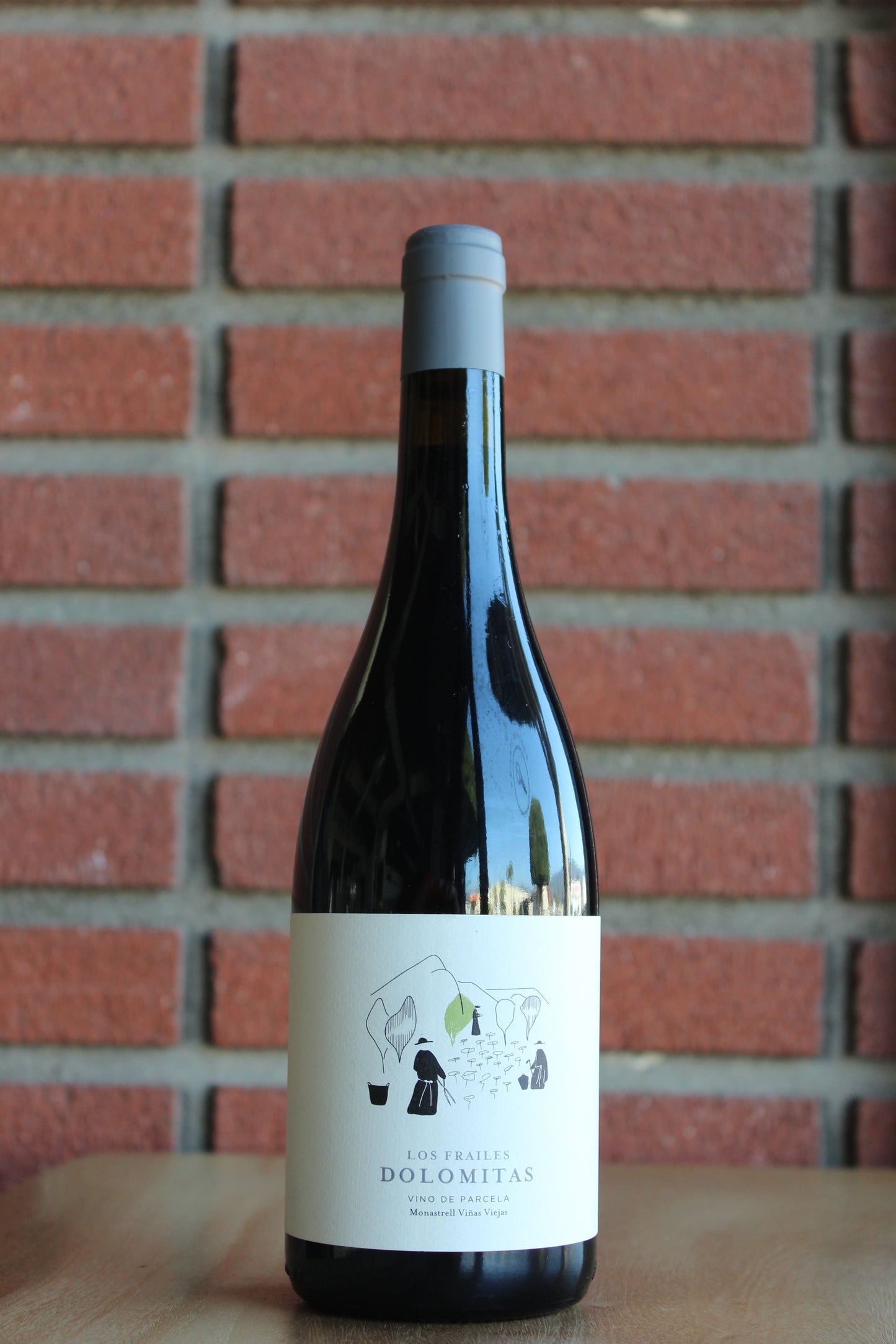 Bottle of Casa Los Frailies "Dolomitas" Monastrell 2021 wine on a red brick background