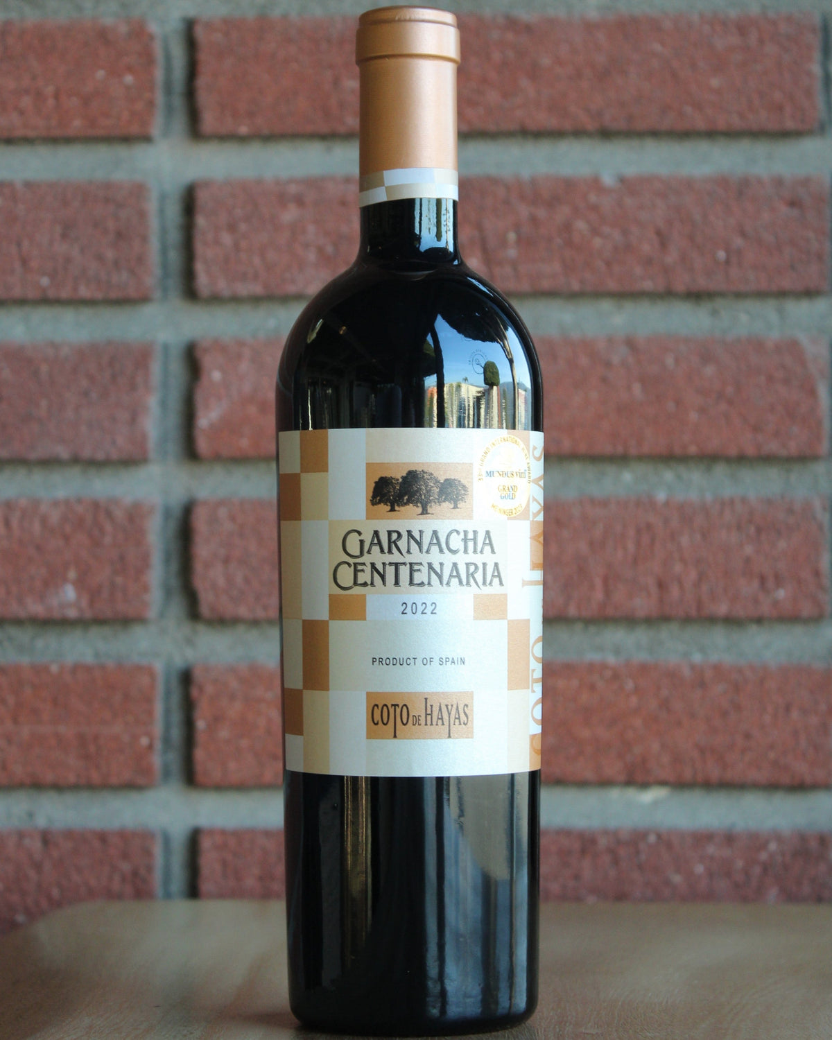 Bottle of Bodegas Aragonesas Coto de Hayas Centenaria Garnacha 2022 wine with a red brick background