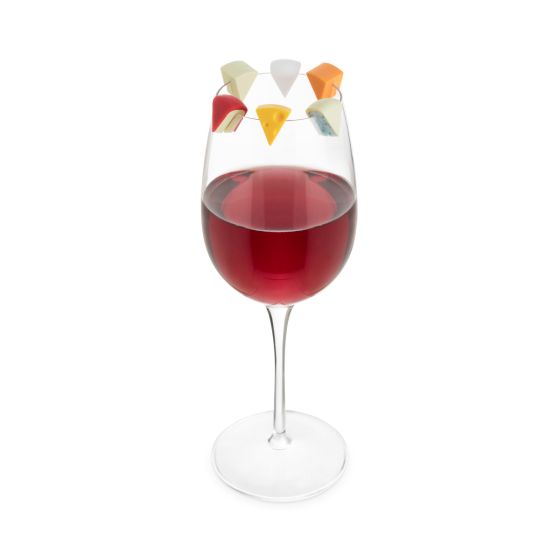 silicone wine cheese chamrs on the rim of a glass of red wine