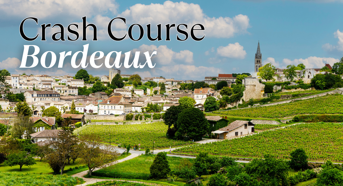Bordeaux village with green vineyards and text: Crash Course Bordeaux