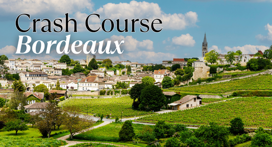 Bordeaux village with green vineyards and text: Crash Course Bordeaux