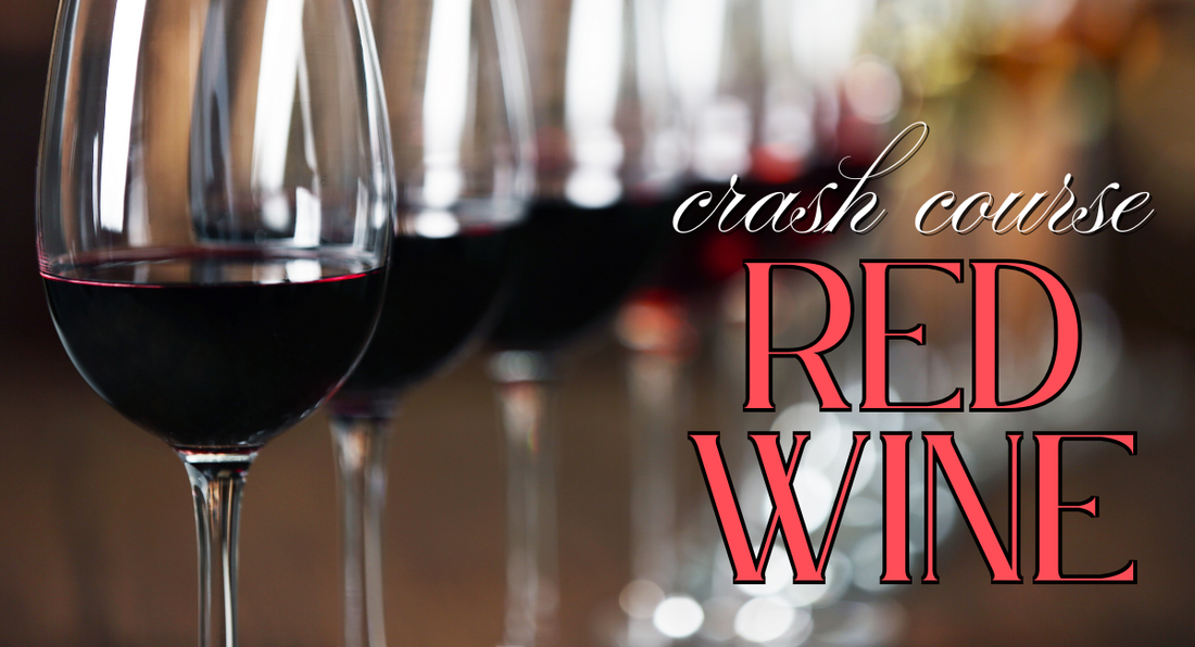 row of glasses with red wine with the text: crash course: red wine