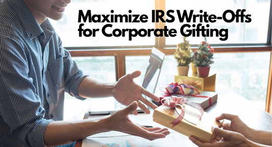 professional receiving a gift with computer in the background and text: maximize IRS write offs for corporate gifting