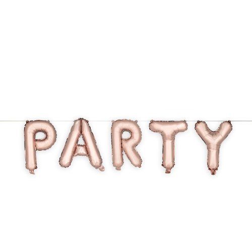 pink mylar balloons that spell "party"