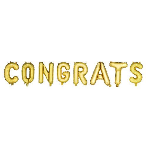 gold mylar balloons spelling "congrats" 