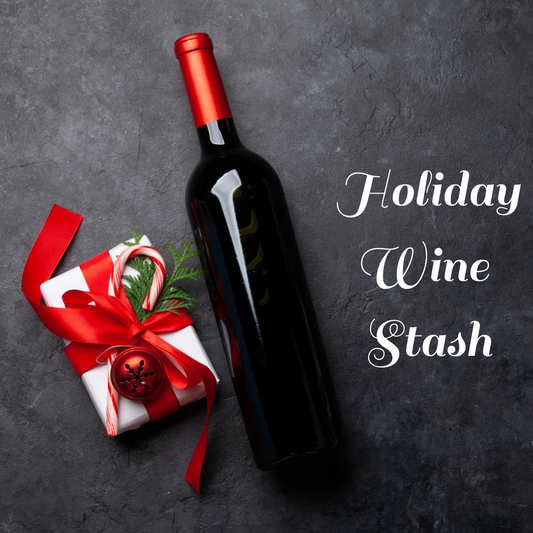 "Holiday Wine Stash" text wrapped  gift on a black slate background
