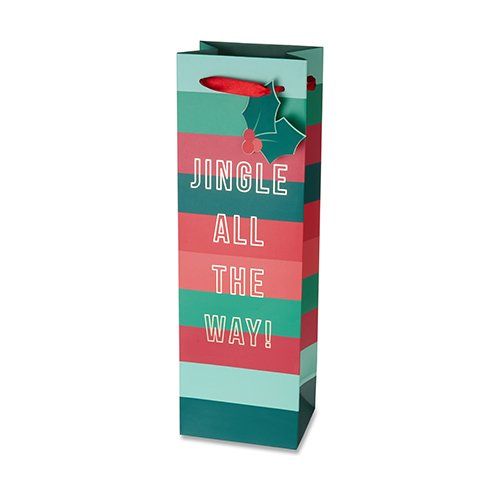 "jingle all the way" text on a  single bottle striped wine gift bag