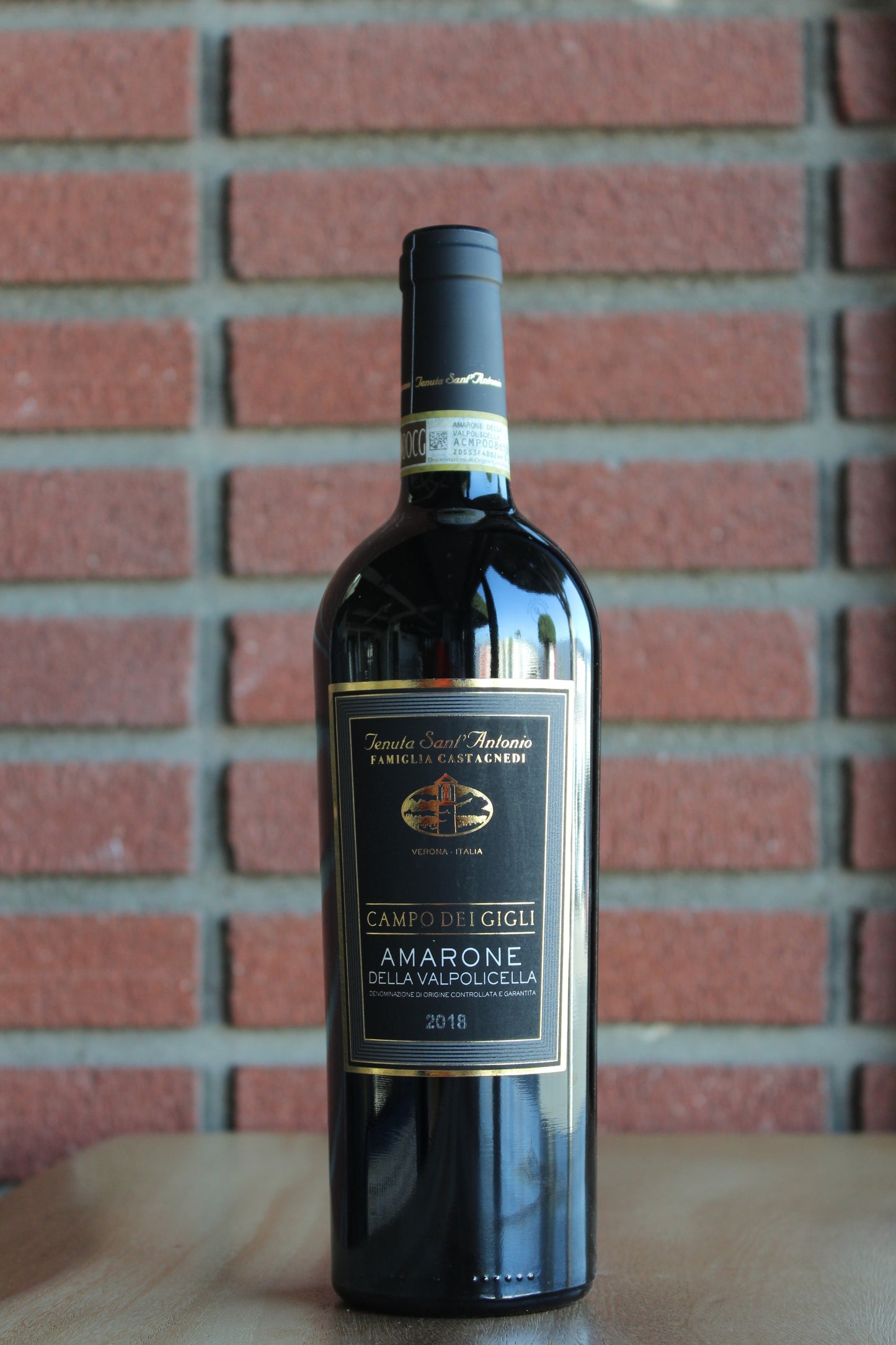 Bottle of Tenuta Sant'Antonio Campo dei Gigli Amarone della Valpolicella Wine with a red brick background