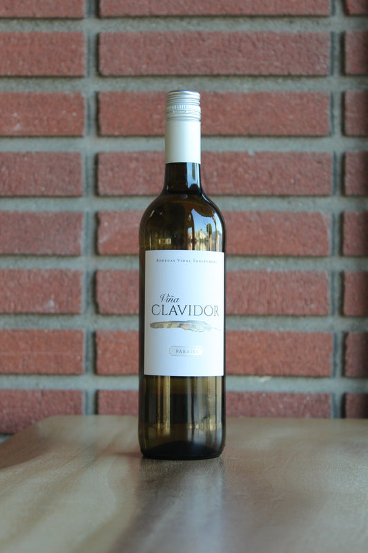 Bottle of Vidal Soblechero Vina Clavidor Verdejo 2022 wine on a red brick background