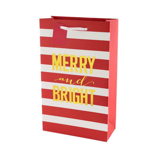 "merry and bright" red and white striped double wine bottle gift bag