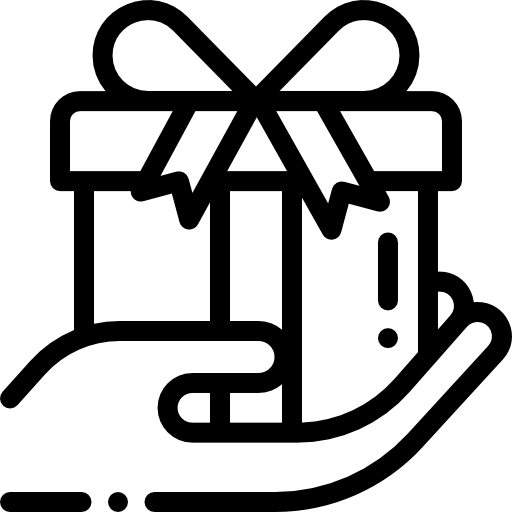 Black line drawing of a gift box with a bow on a white background