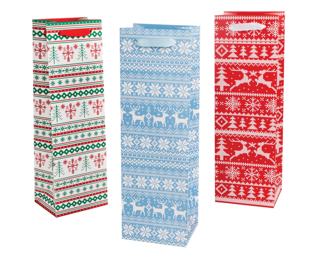 assorted nordic sweater themed wine bottle gift bags - red, white and green, light blue and white, red and white