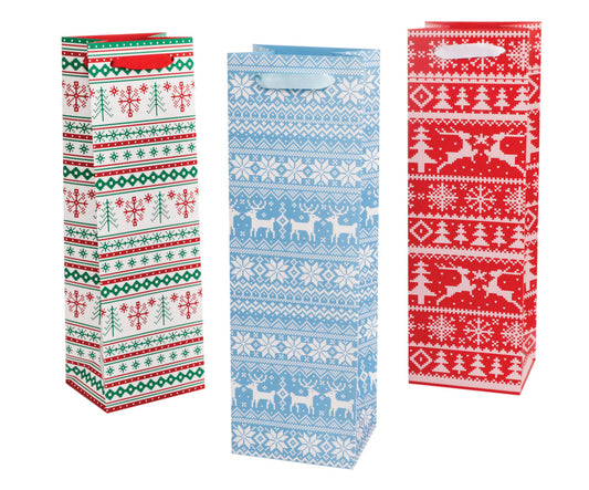 assorted nordic sweater themed wine bottle gift bags - red, white and green, light blue and white, red and white