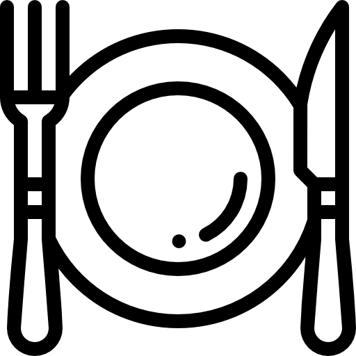 Black and white icon of a plate with fork and knife on a white background