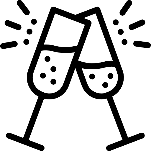 Two black and white champagne glasses clinking together on a white background