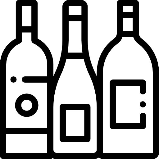 Black and white line art of three bottles on a white background